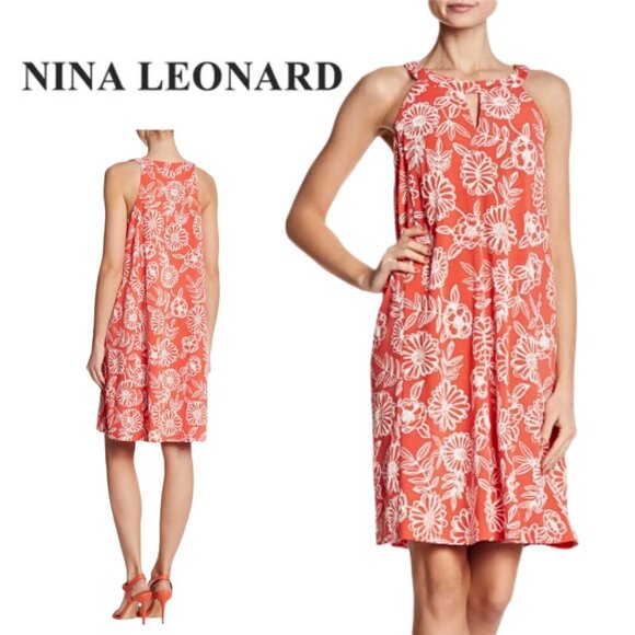 Nina Leonard, Floral Keyhole Halter Sleeveless Swing Dress, Coral, White, Pink - Picture 1 of 6